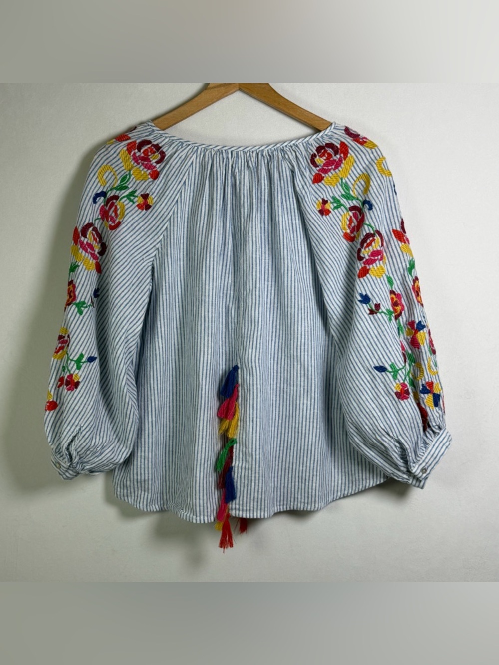 Philosophy Women’s Linen Floral Embroidered Blouse Boho Coastal Stripe Top Sz S - Picture 3 of 9